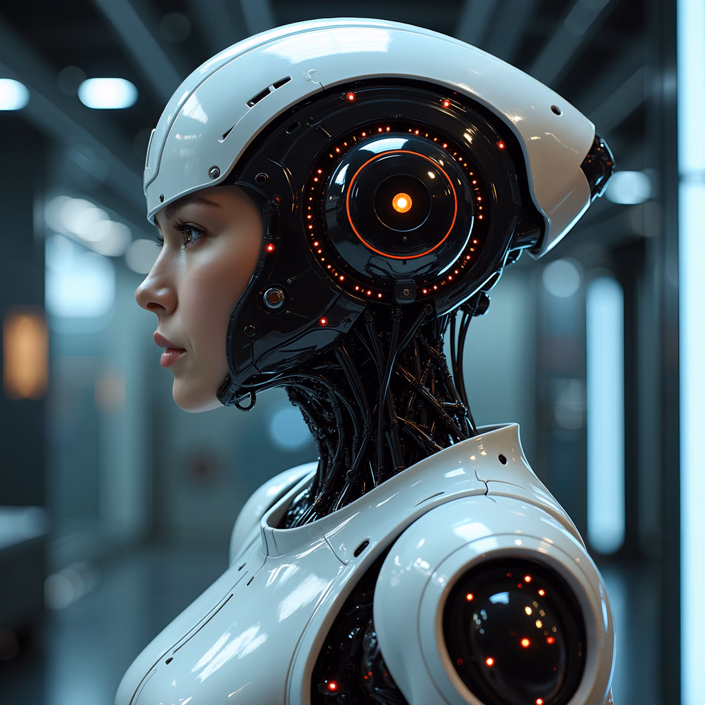 Close-up of a cyborg with human-like features and advanced robotic elements in a high-tech setting.
