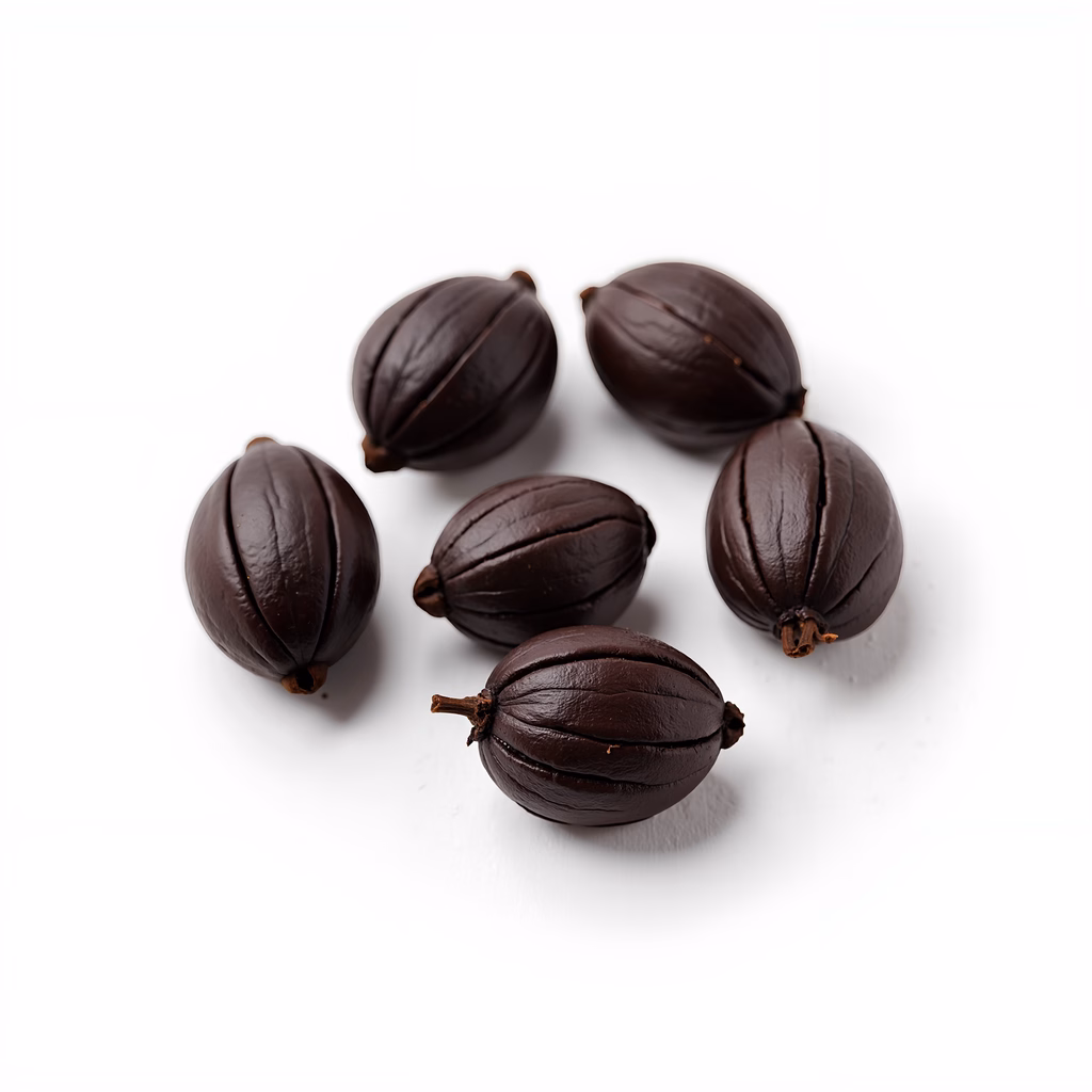 Glossy dark chocolate-coated candies against a white background.