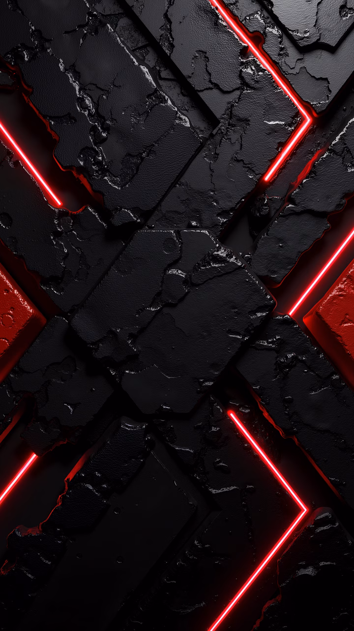 Abstract neon grid design with dark textures and vibrant red accents.