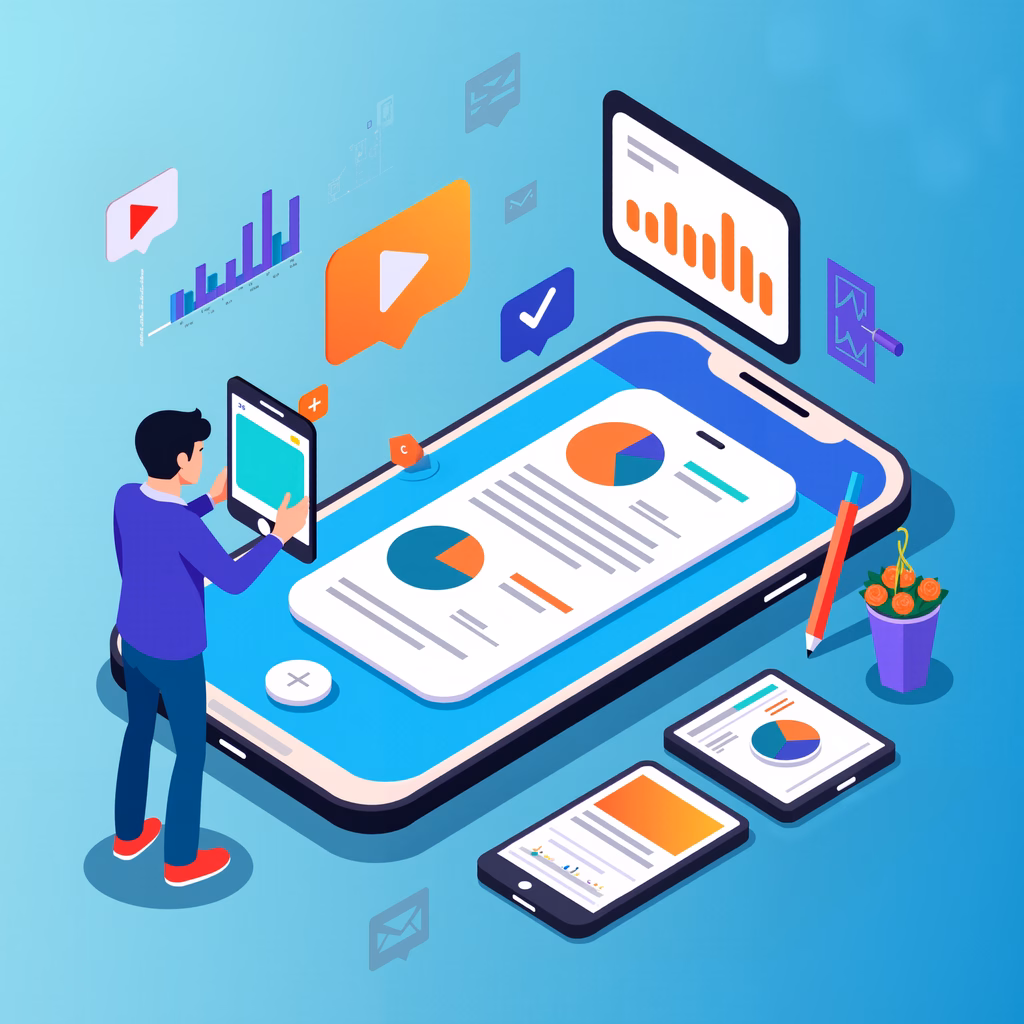 Person analyzing data on a large smartphone with colorful icons and detailed charts.