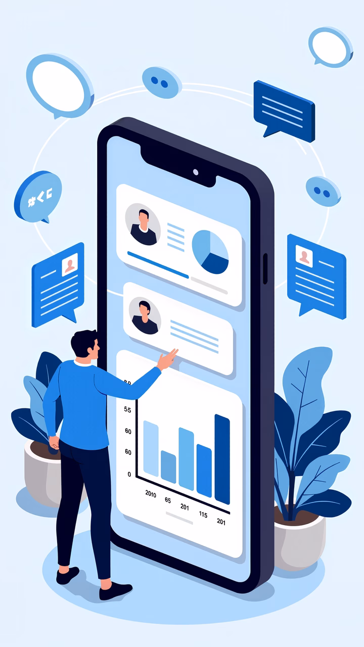 Interactive data visualization on a smartphone screen with speech bubbles and plants.