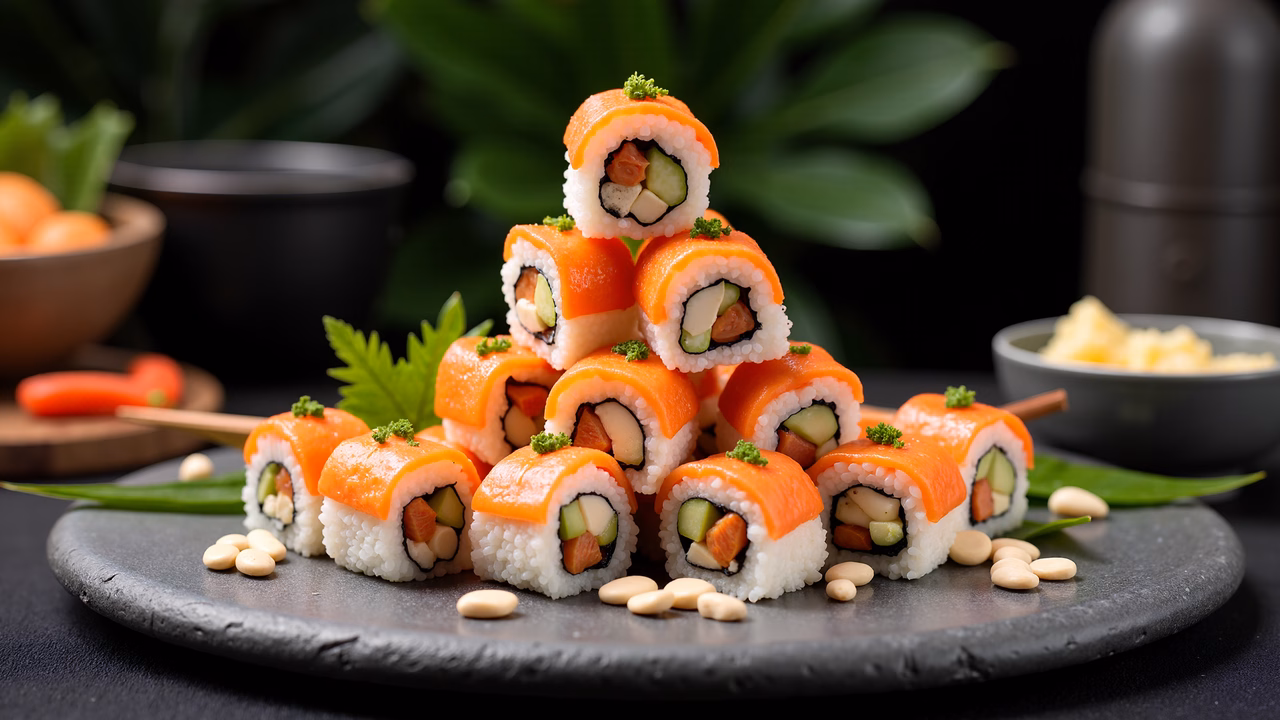 Vibrant sushi stack with salmon and wasabi, perfect for food enthusiasts!
