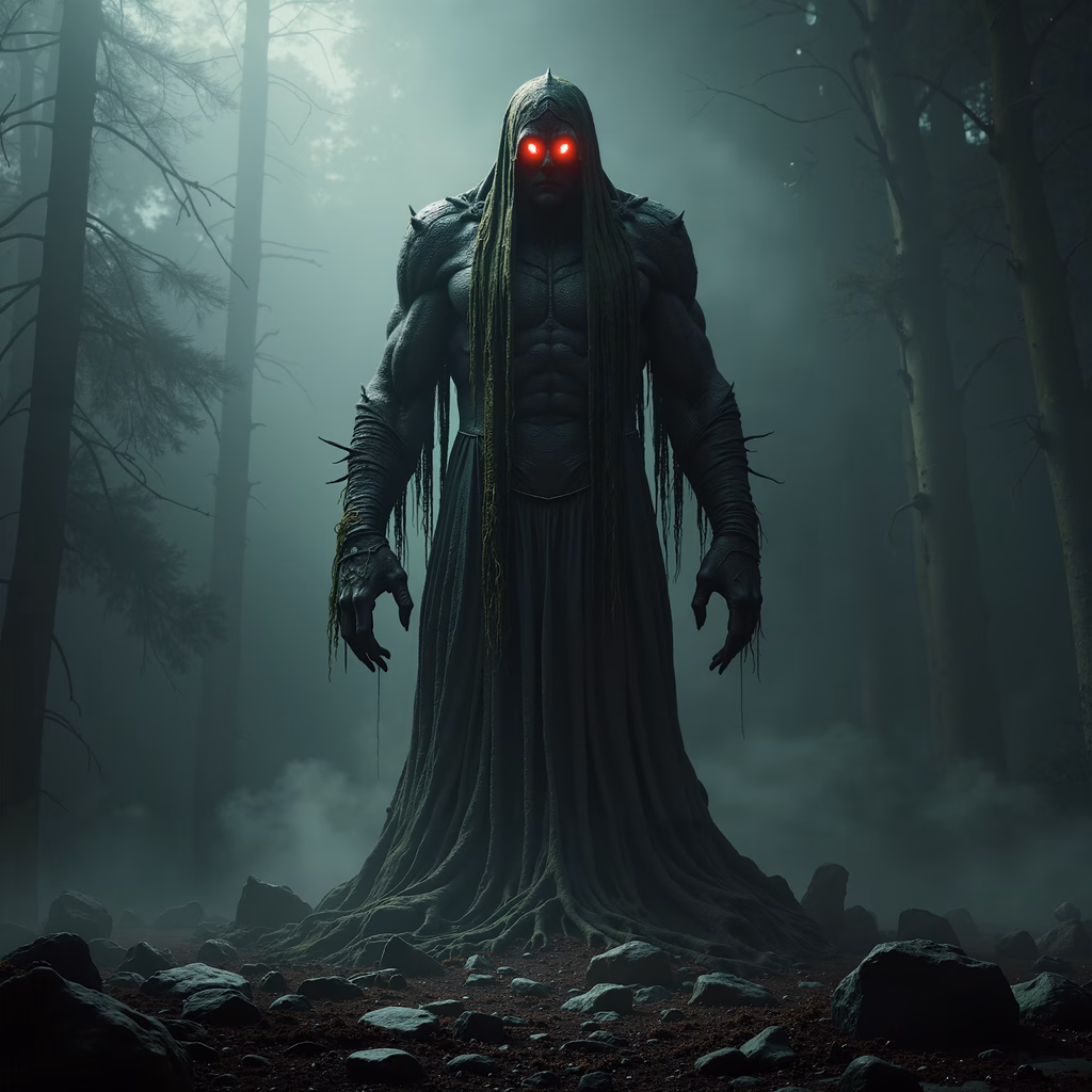 A sinister figure with glowing red eyes in a misty forest.