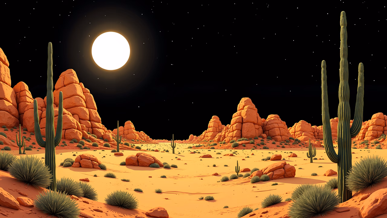 A peaceful desert night illuminated by a full moon, featuring cacti and rugged terrain.
