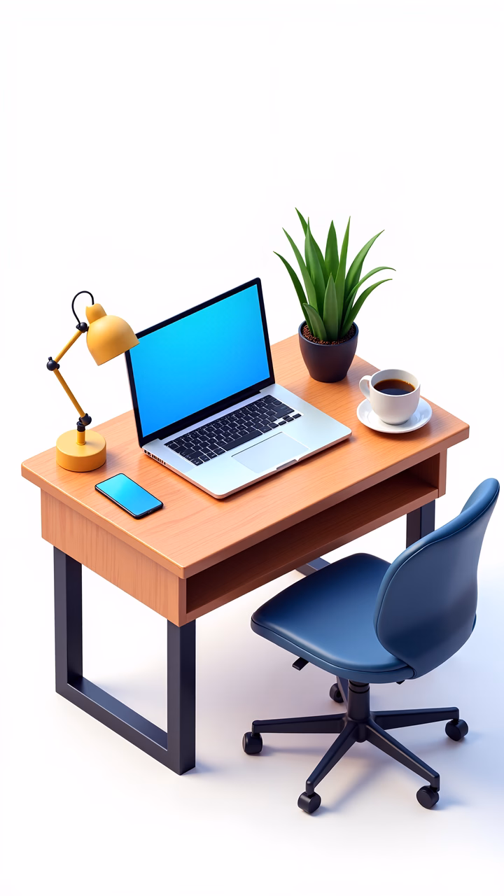 Minimalist desk setup with laptop, phone, lamp, plant, and coffee cup.