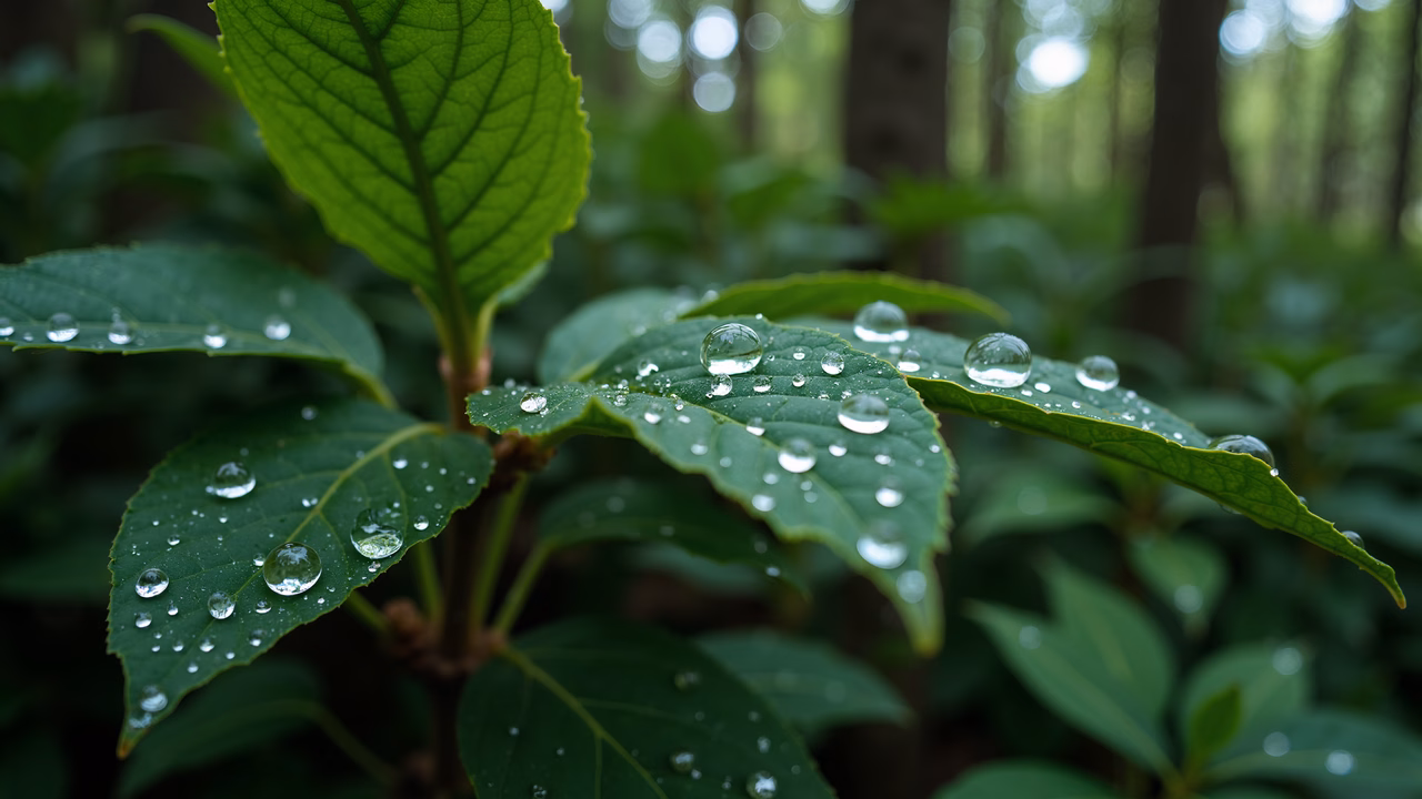 Close-up of dew-drenched leaves in a lush forest setting.