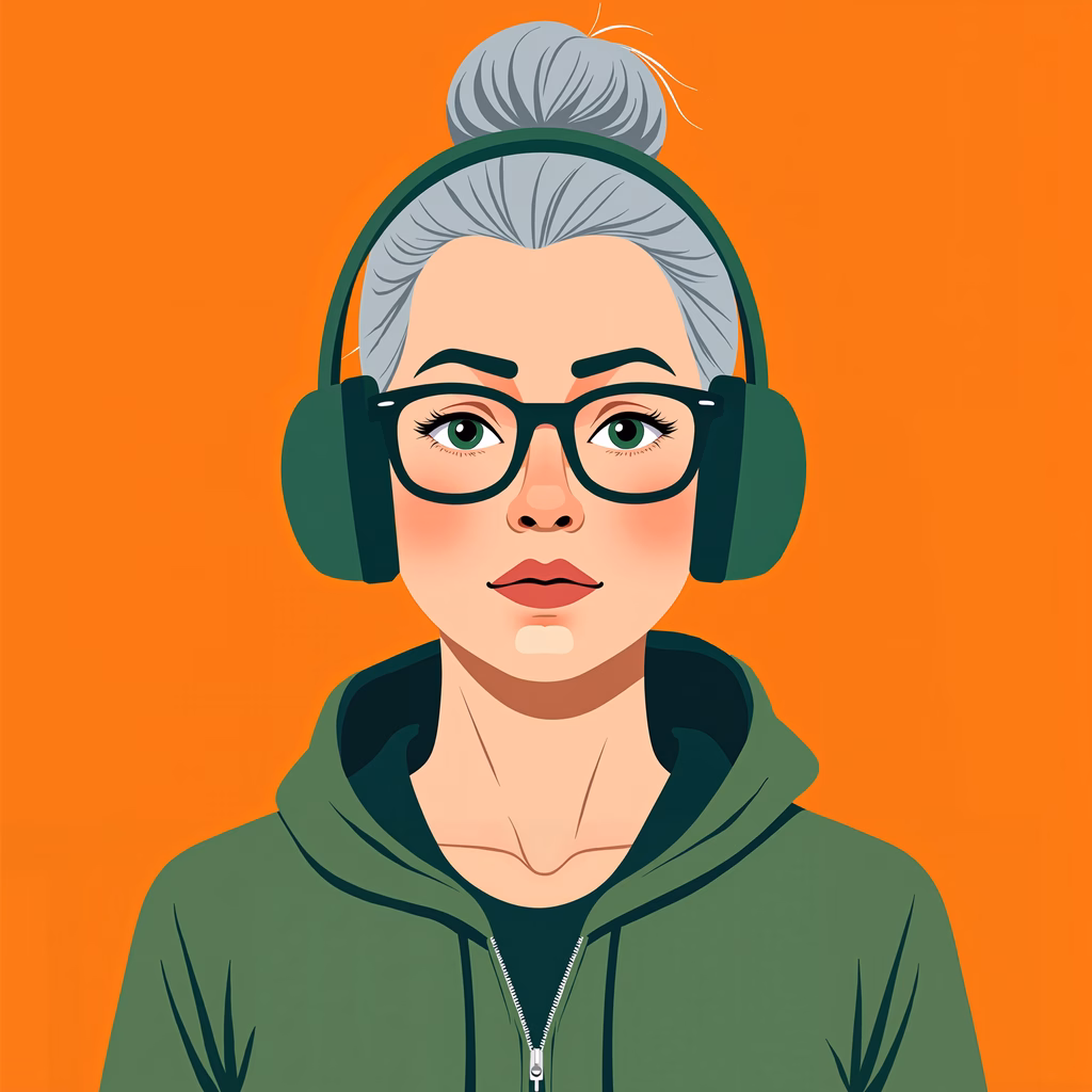 Casual listener with headphones, vibrant orange background, modern illustration style.