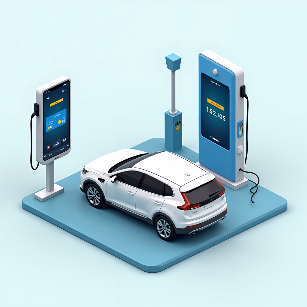 Illustration of an electric car at a charging station, highlighting modern technology and sustainability.