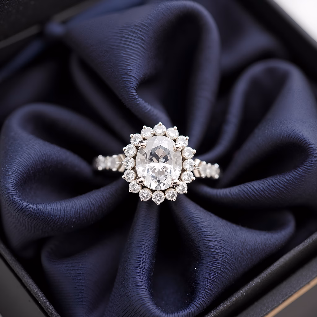 Close-up of a sparkling diamond ring on navy satin.