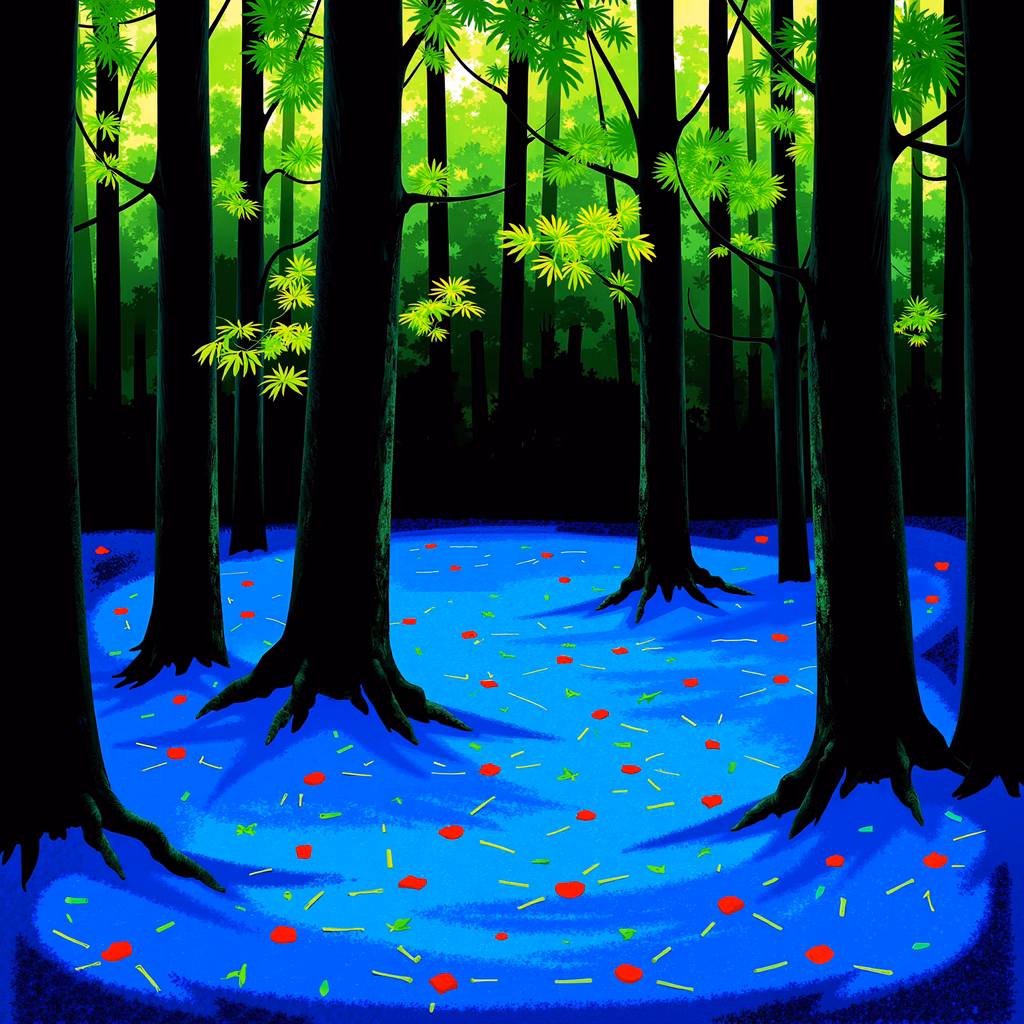 Magical forest with confetti-like shapes on a blue ground, enchanting and tranquil.