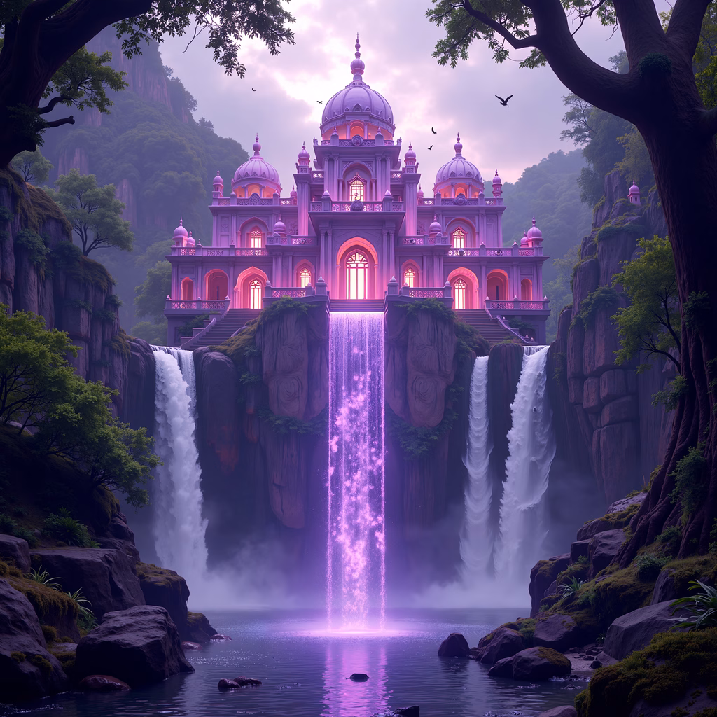 A mystical palace with cascading waterfalls and vibrant colors.