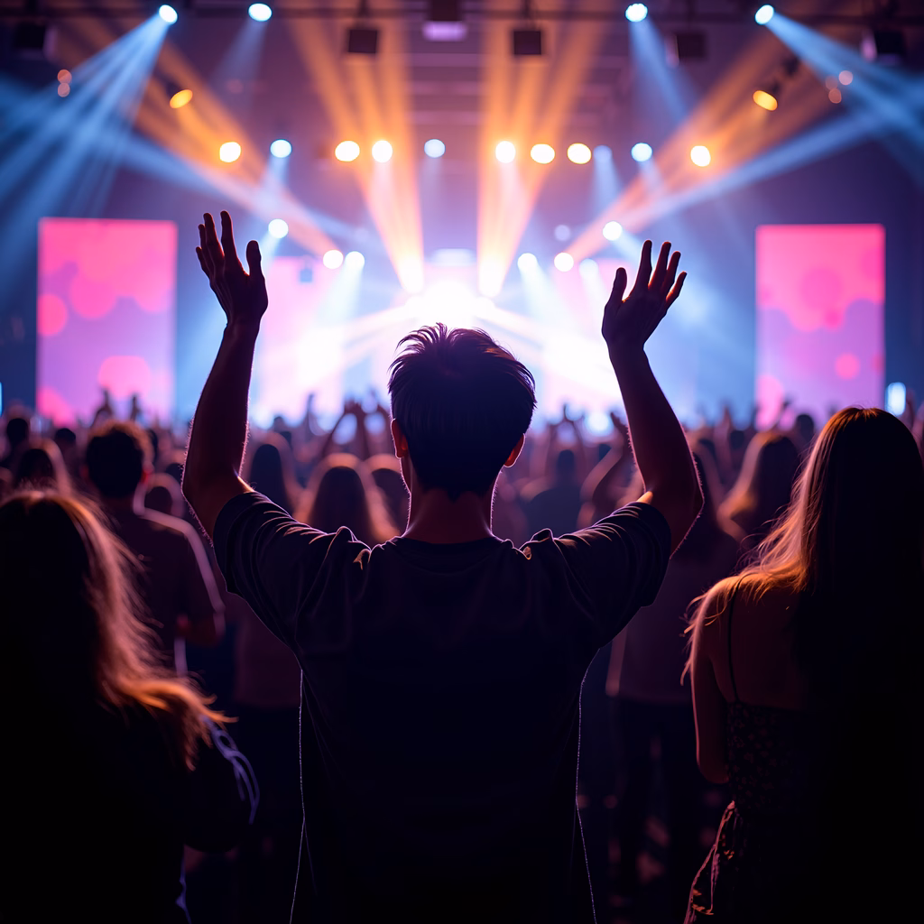 Energetic concert crowd enjoying live music under colorful stage lights.