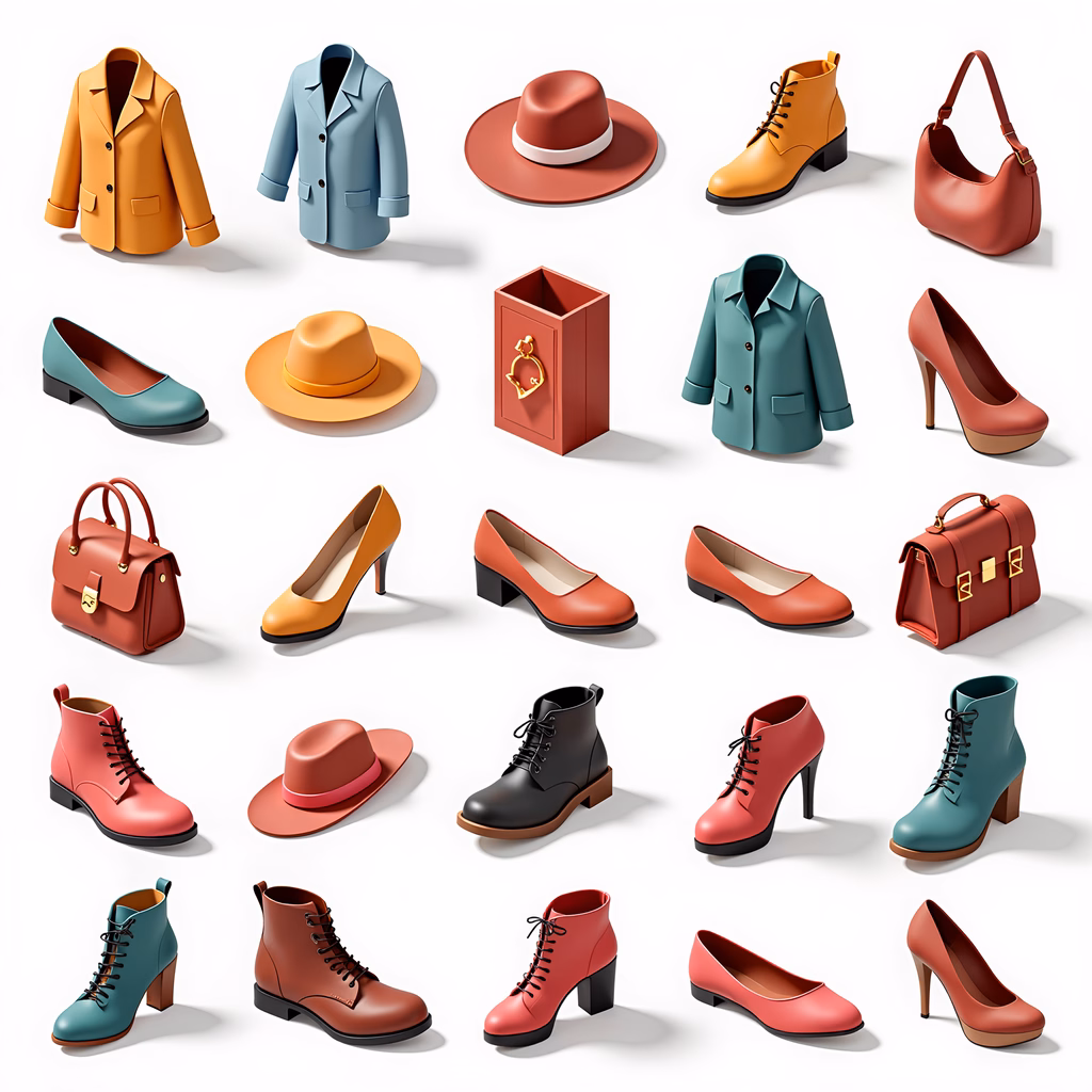 A colorful grid of fashion accessories, featuring coats, hats, shoes, and handbags.