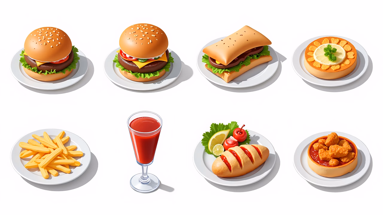 Vibrant fast food illustrations featuring burgers, fries, and desserts.