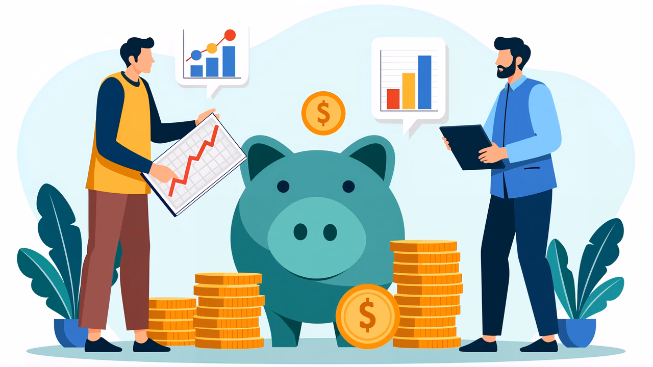 Two individuals analyzing financial graphs with a piggy bank and coins symbolizing savings and growth.