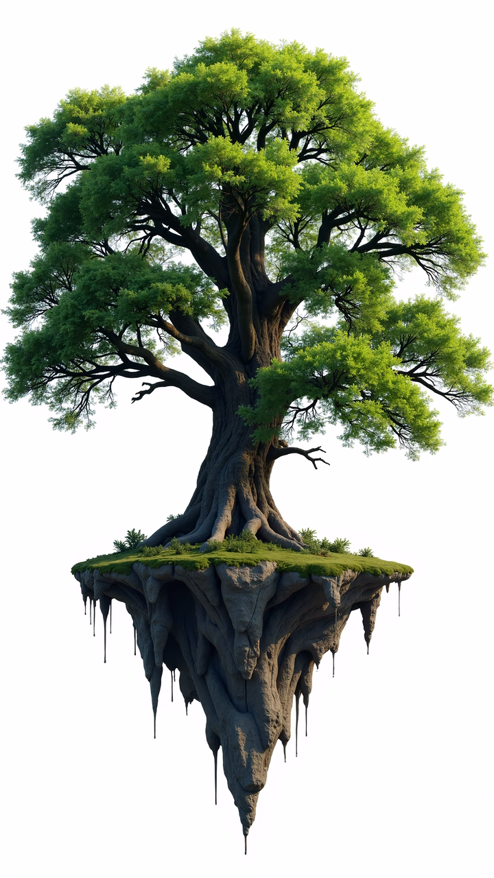 A fantastical floating tree on a rocky island, symbolizing nature's resilience and beauty.