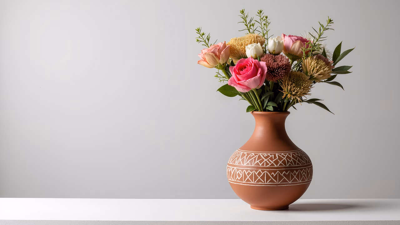 Elegant floral arrangement in terracotta vase, soft pastels, minimalist setting.
