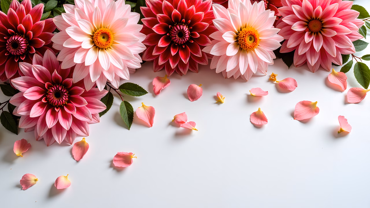 Vibrant dahlias on a white background, capturing nature's elegance.