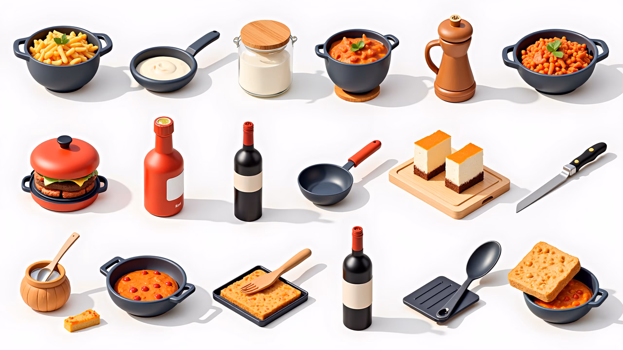 A colorful collection of food items arranged neatly on a white background.