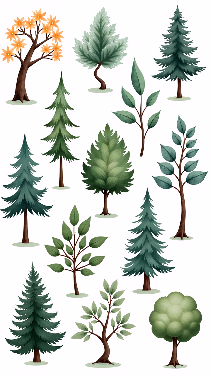 A collection of stylized tree illustrations in soft greens and browns, perfect for nature-themed projects.