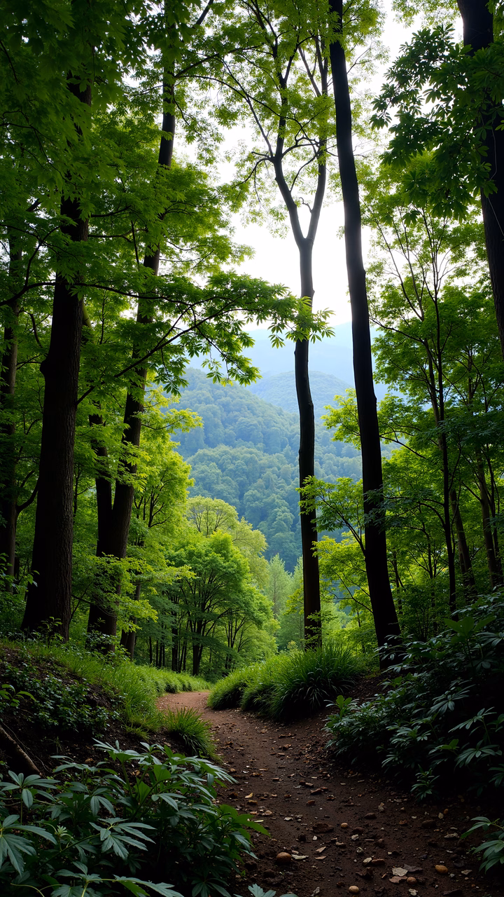 A peaceful forest pathway surrounded by lush greenery and tall trees, bathed in soft natural light.