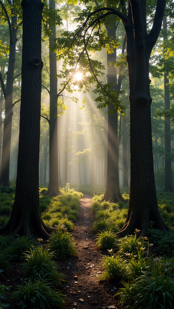 A peaceful forest pathway illuminated by dappled sunlight.