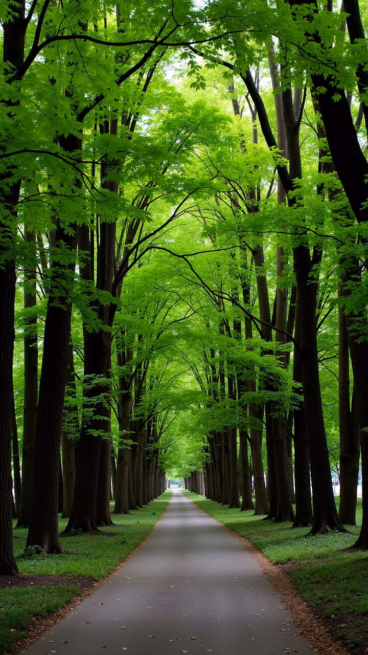 A peaceful forest pathway surrounded by tall trees and vibrant green foliage.