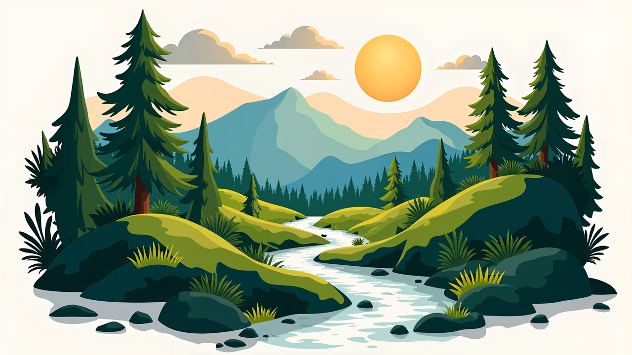 A peaceful forest stream illustration with tall pines and distant mountains under a golden sun.