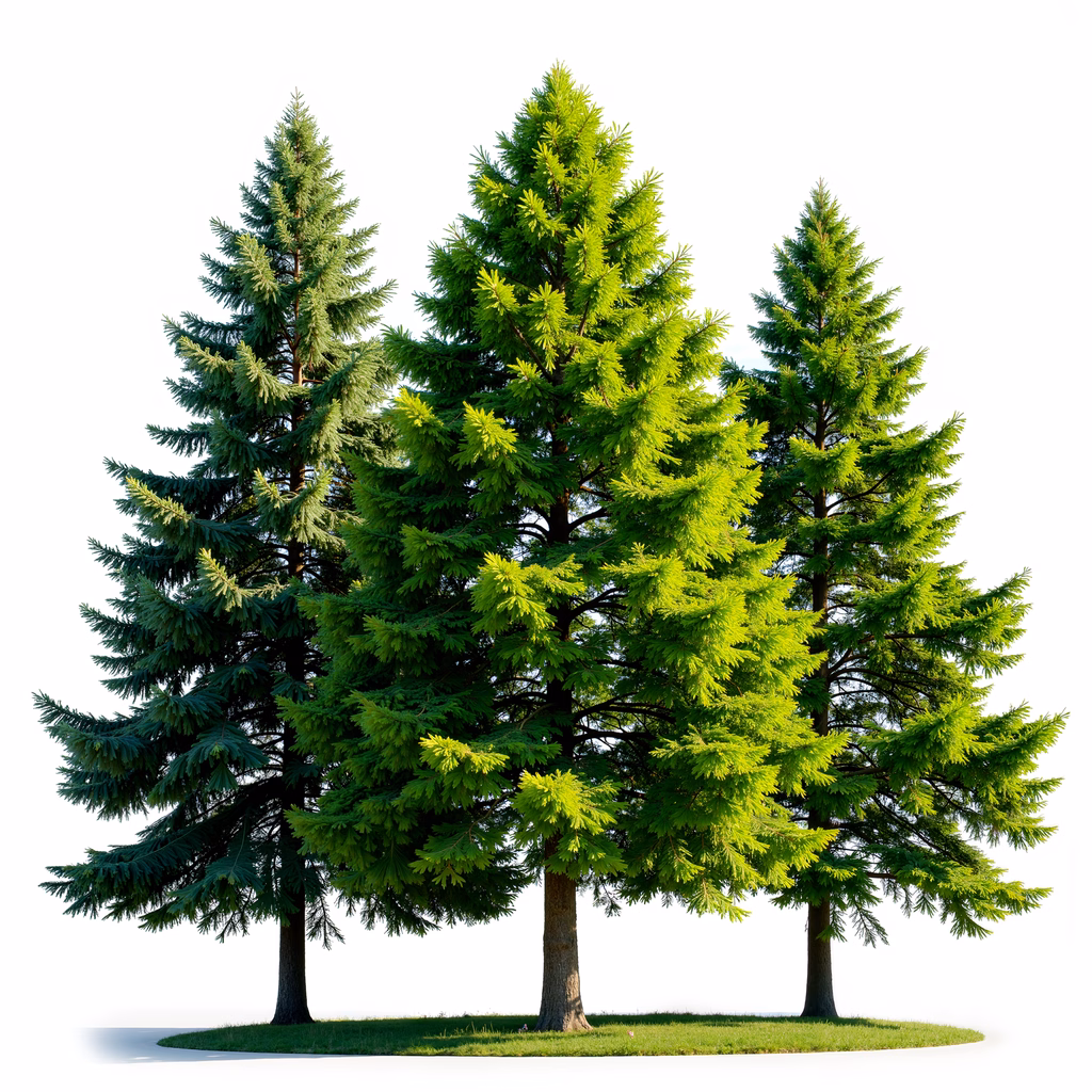 Detailed illustration of three pine trees in a forest setting.
