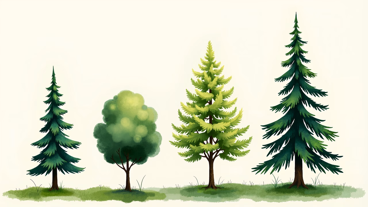 A peaceful forest scene with three different types of trees.