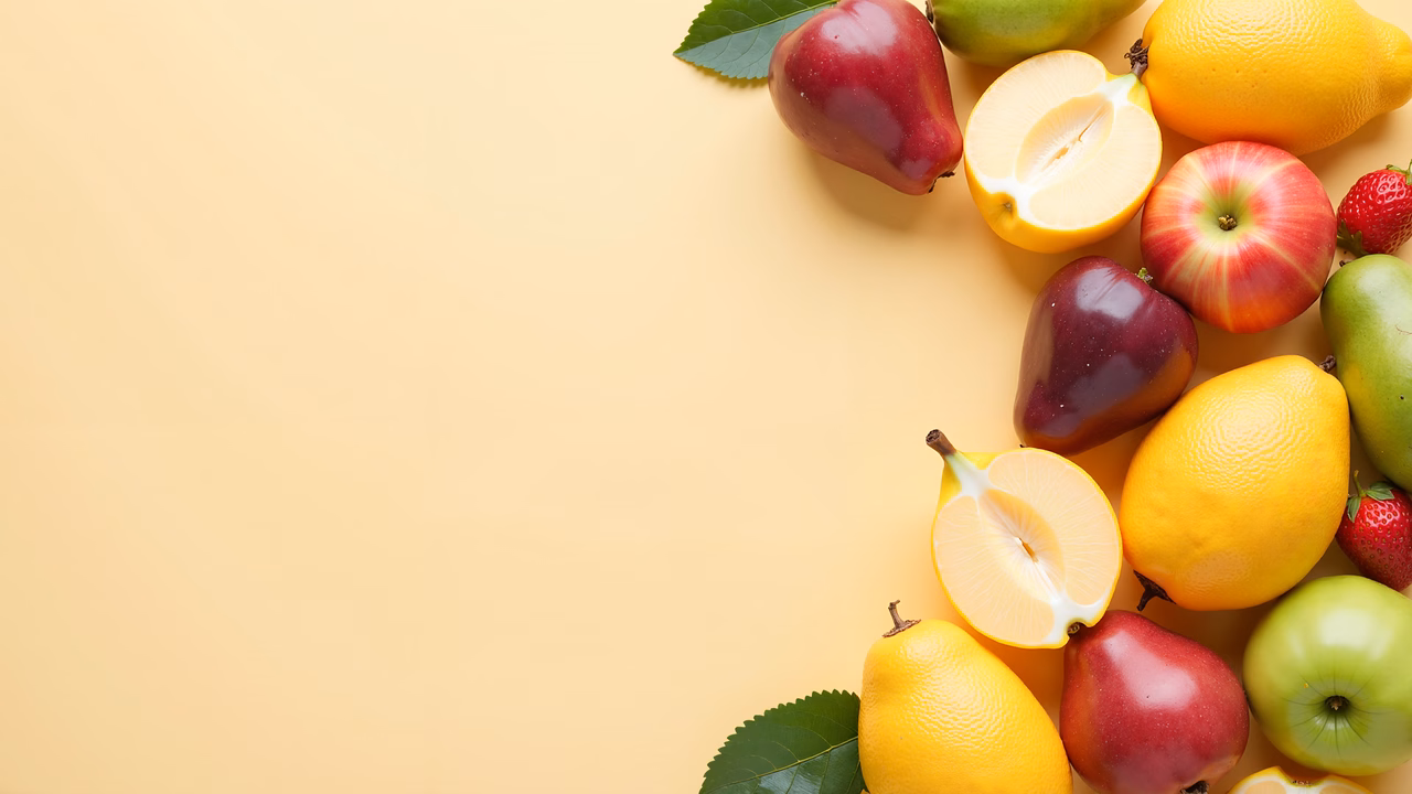 Fresh fruits on a yellow background, vibrant and appetizing.