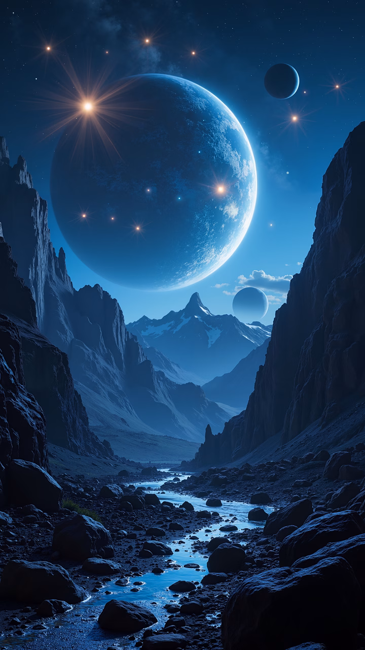 A tranquil alien landscape under a starlit sky, featuring a large planet and a serene river.