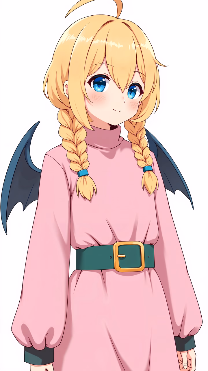 Whimsical anime girl with blue eyes and golden braids, wearing a pink dress and green belt.