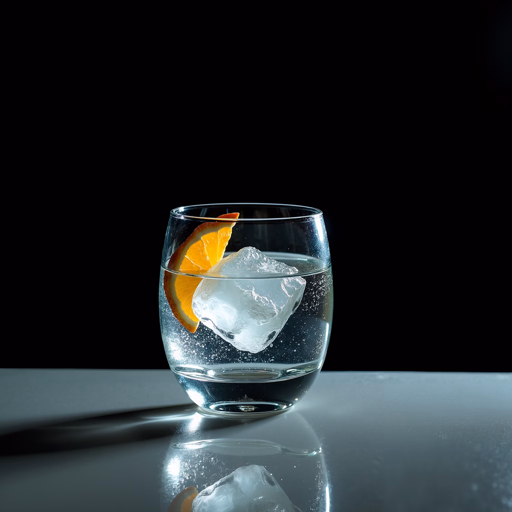 Close-up photo of a glass of water with an orange slice, highlighting the interplay of light and shadow.
