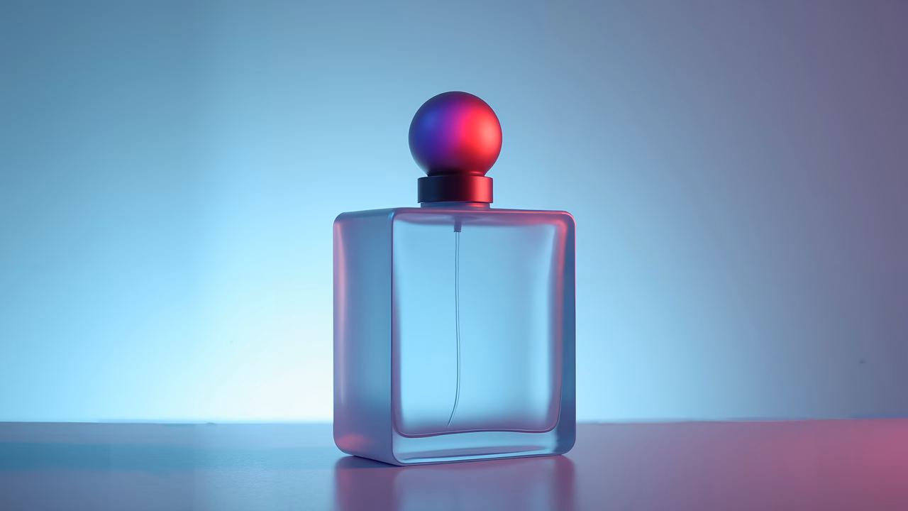 Minimalist glass perfume bottle with gradient background and soft lighting.