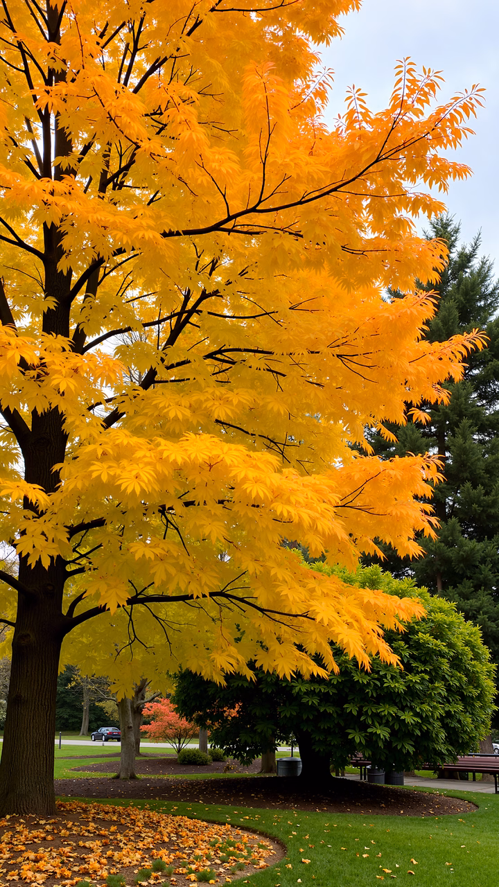 Golden autumn tree with vibrant yellow leaves against a soft blue sky.