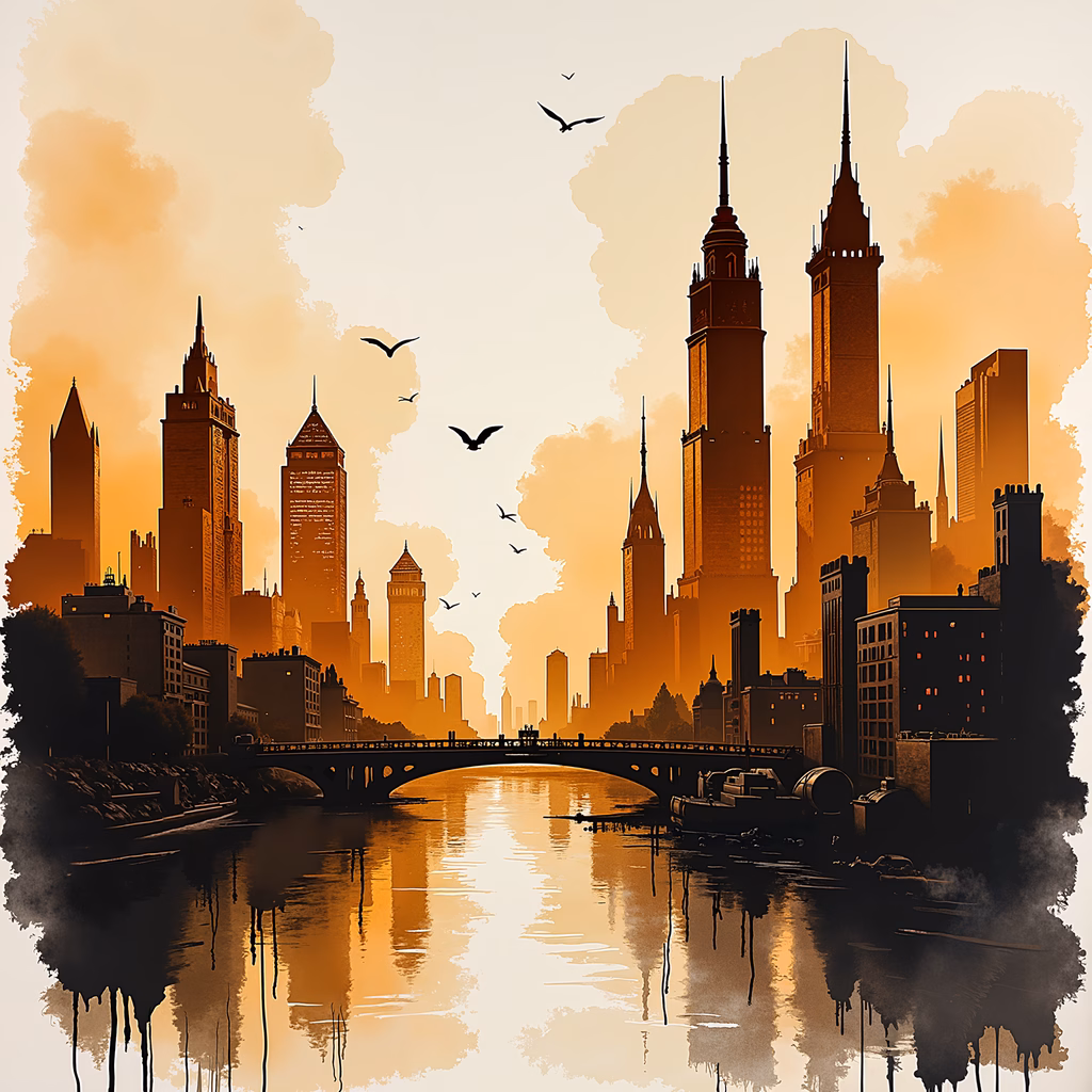 Golden cityscape with skyscrapers and a tranquil river, evoking a sense of peace and nostalgia.