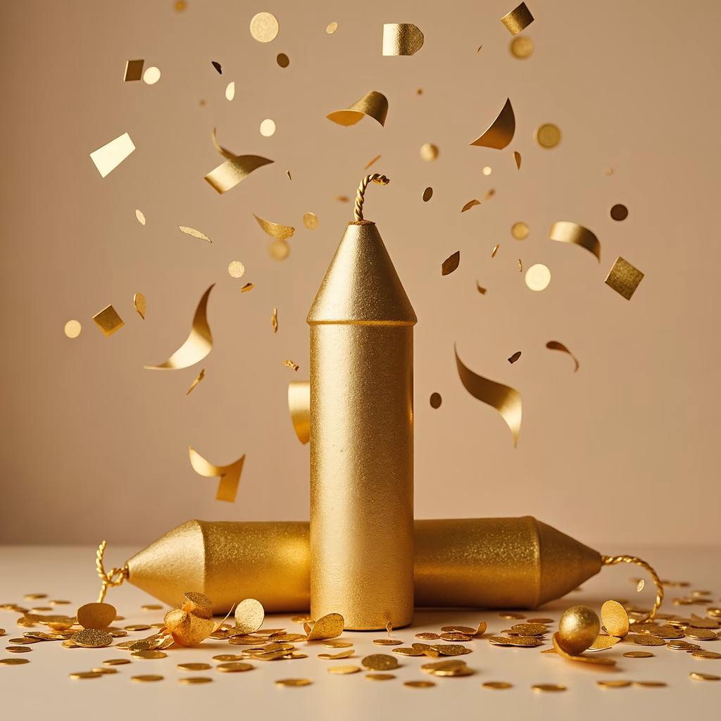 Golden rocket surrounded by confetti, celebrating success and joy.