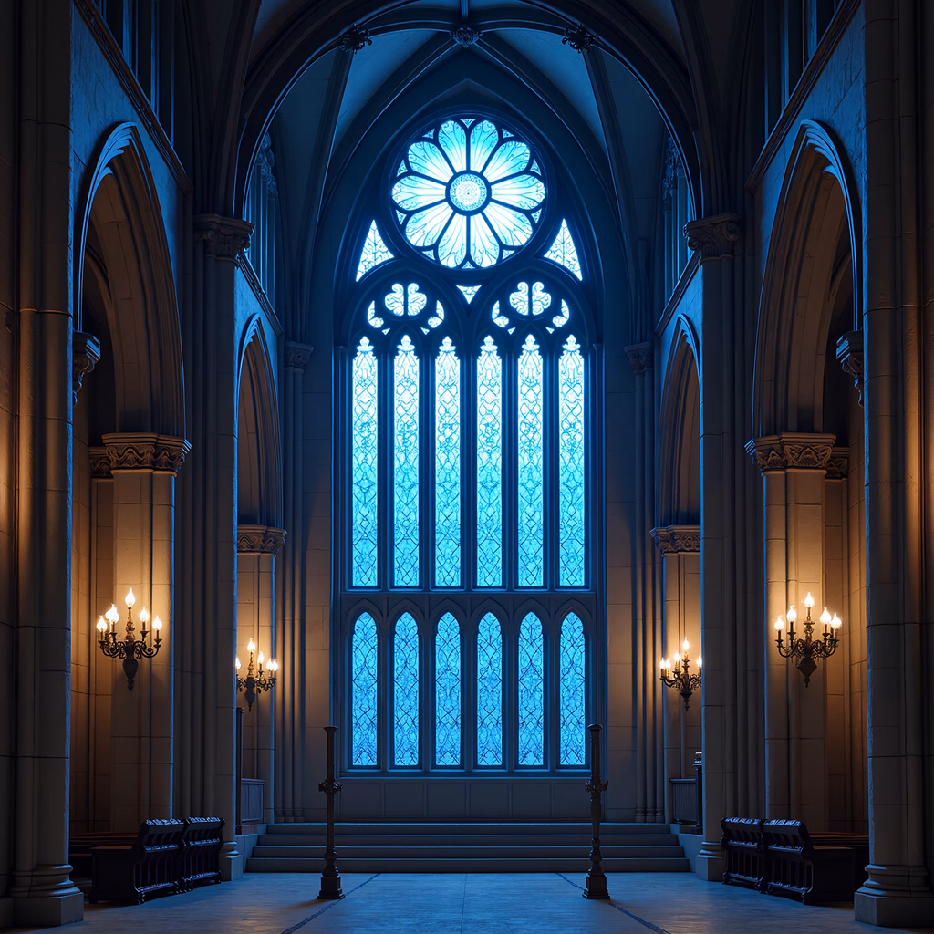 Serene Gothic cathedral interior with blue stained glass and warm candlelight.