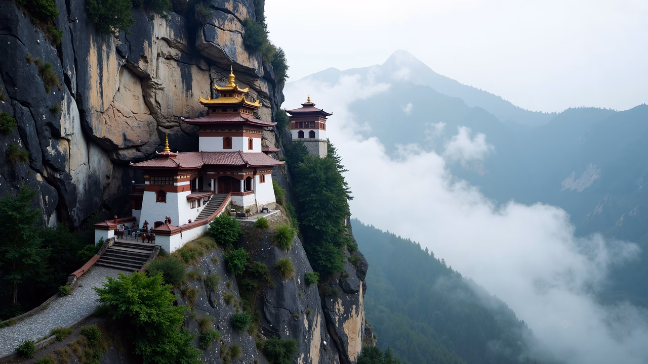 A breathtaking view of the Hanging Monastery perched on a cliff, surrounded by mist and greenery.