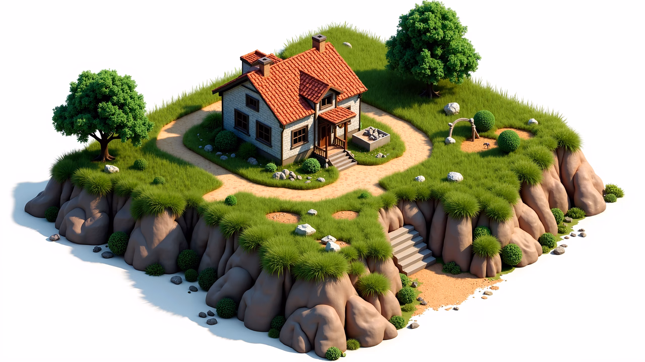 A picturesque cottage on a grassy island with rugged cliffs and lush greenery.