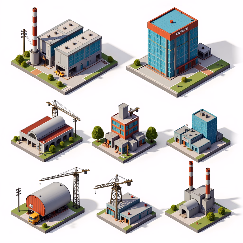 Modern industrial buildings in a clean, minimalist illustration style.