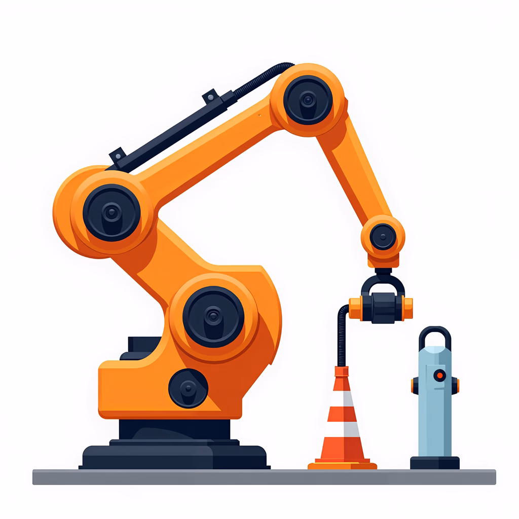 A detailed illustration of an industrial robot arm in an urban environment.
