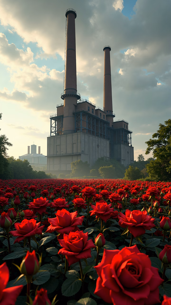 A fusion of industrial chimneys and blooming red roses, symbolizing nature vs. industry.