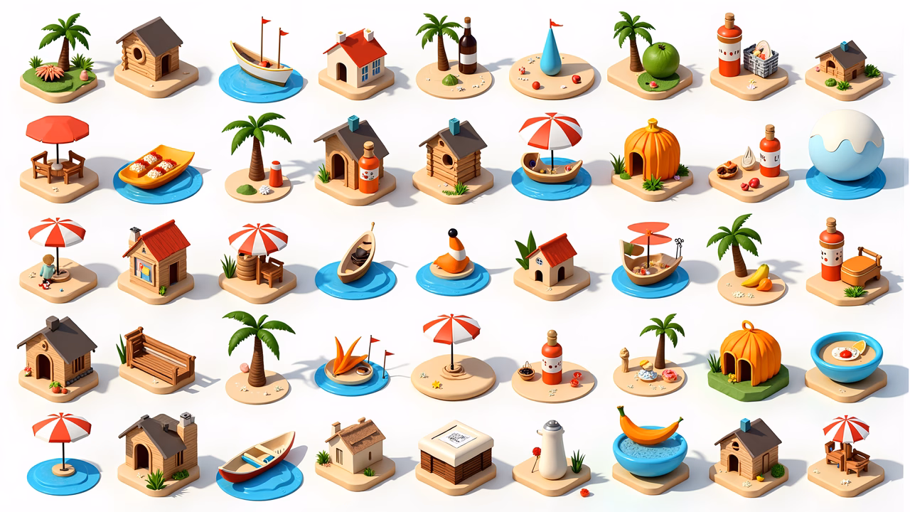 Miniature islands with wooden huts and tropical elements, perfect for travel and tourism illustrations.