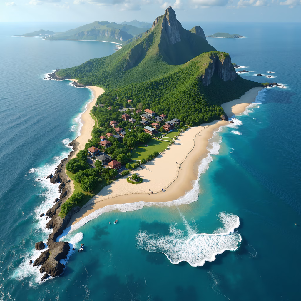 Aerial view of a lush island with pristine beaches and turquoise waters, perfect for travel and relaxation.