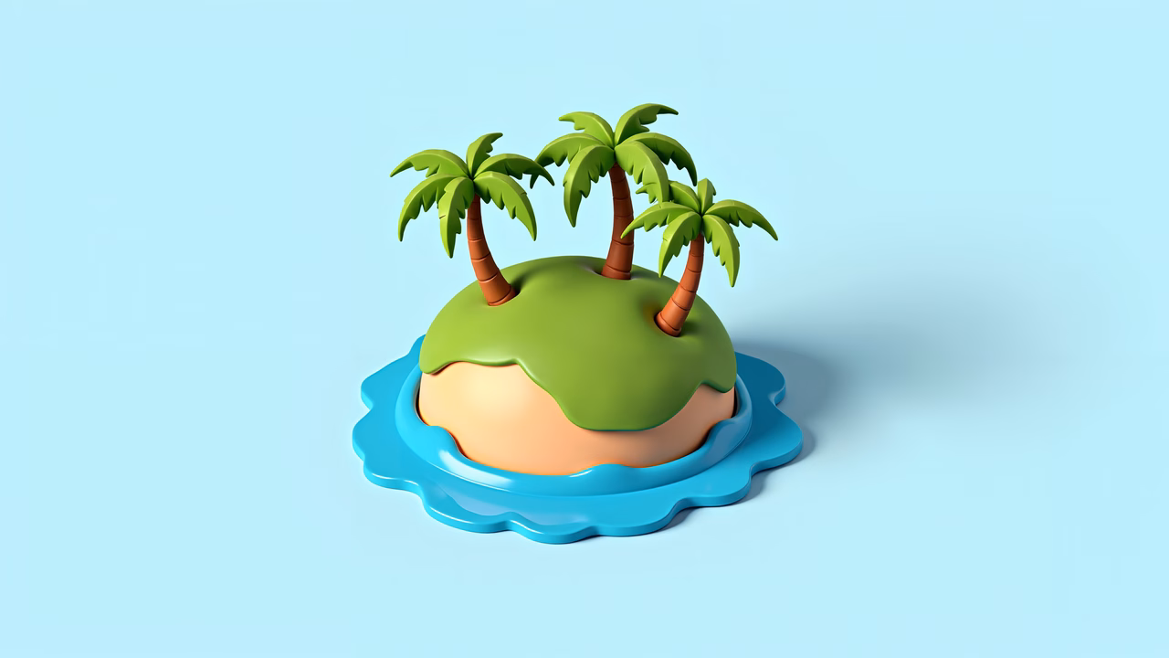 Bright, cartoon-style tropical island with palm trees and blue water.