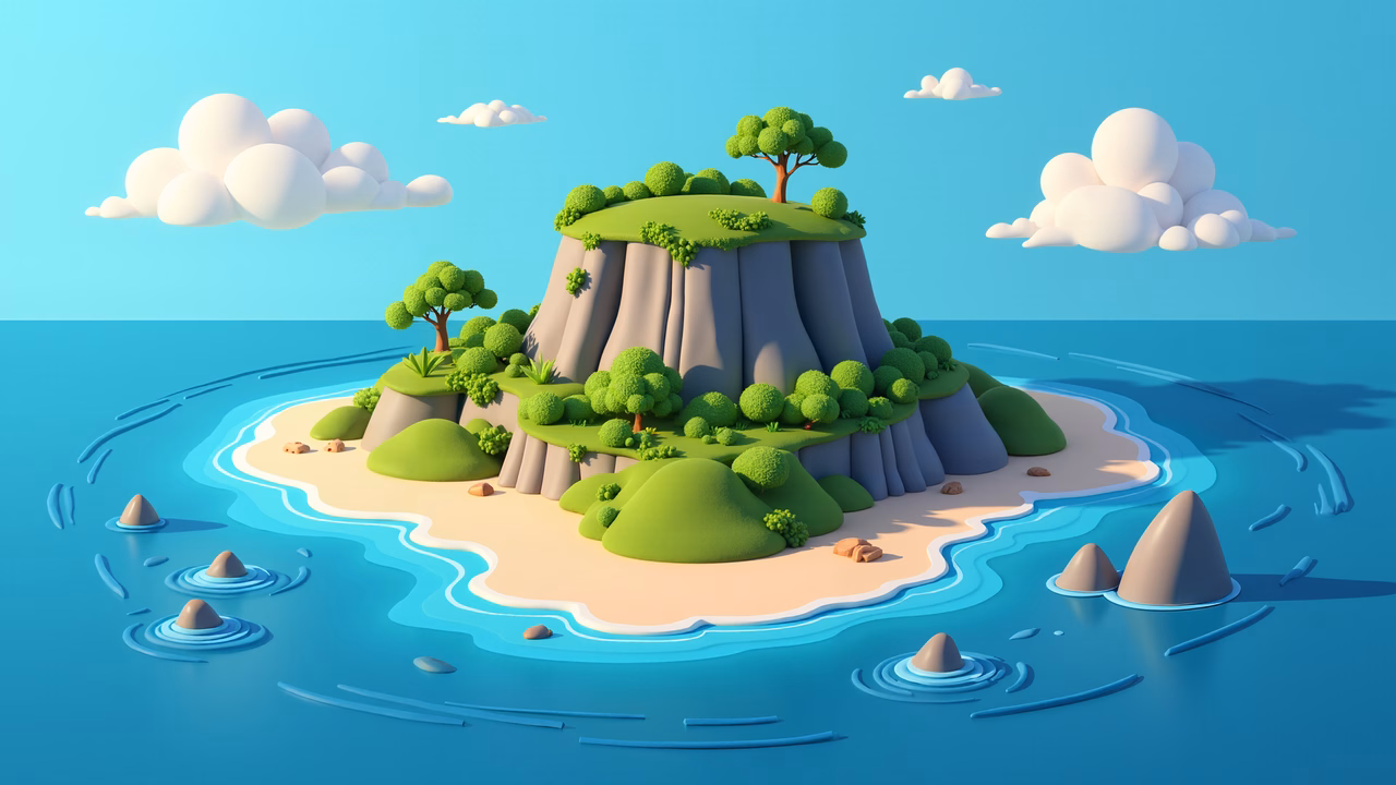 A picturesque island with greenery and sandy shores, surrounded by clear blue waters and fluffy clouds.