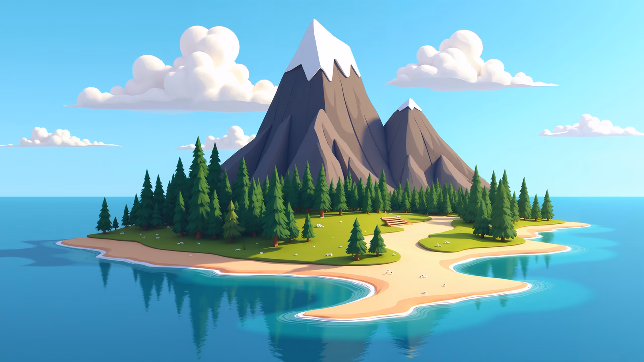 A tranquil island with pine trees and snowy mountains.