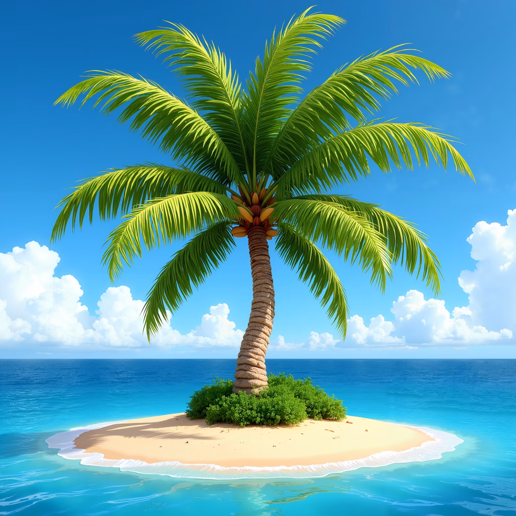 A tranquil tropical island with a lone palm tree and clear waters.
